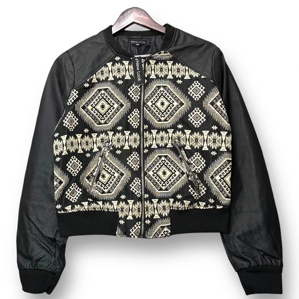 Women's Faux Leather Aztec Embroidered Bomber Jacket Small‎ Boho Tribal Festival